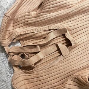 Tan Ribbed Knit Sweater dress with Tie Details
